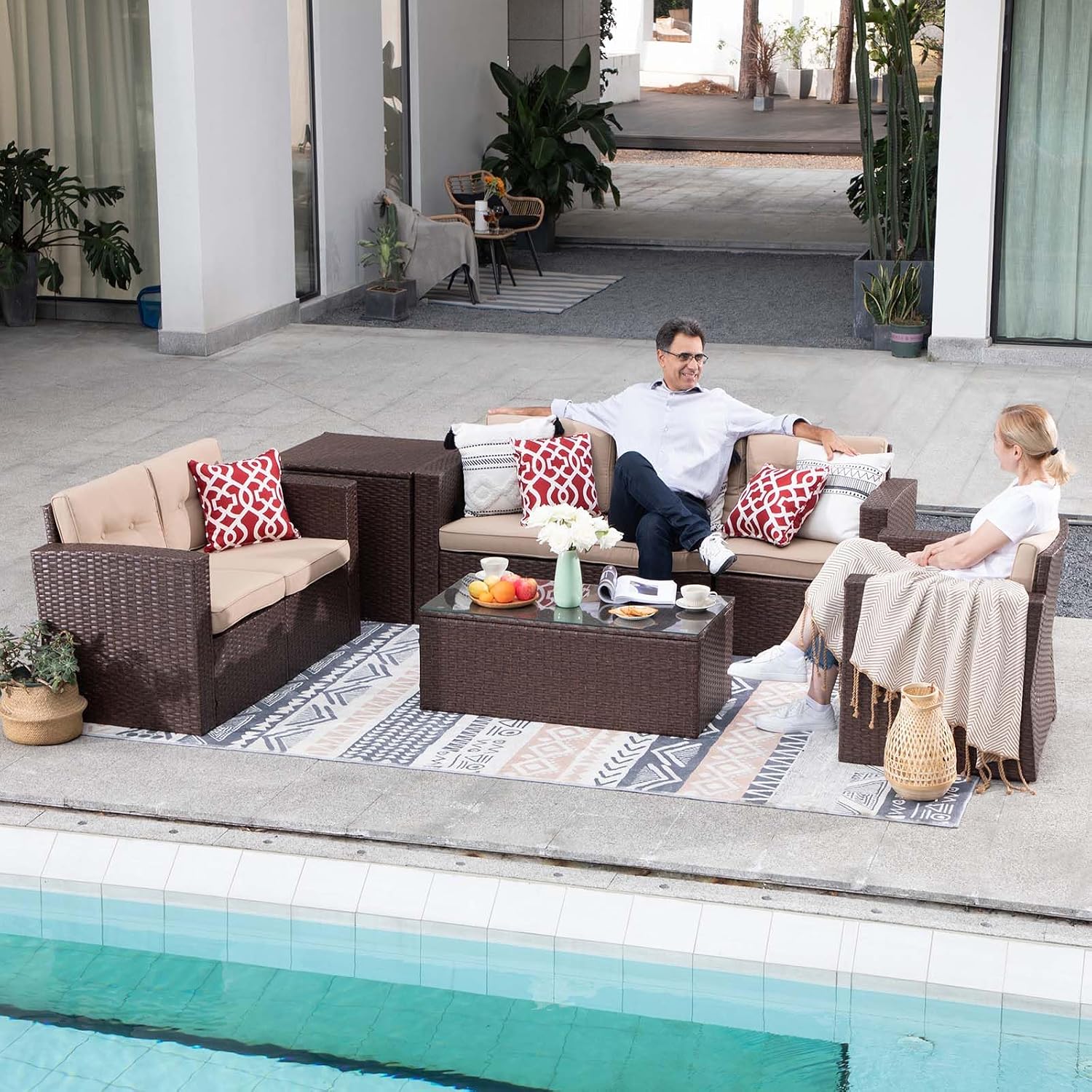 JOIVI 8 Pieces Outdoor Patio Furniture Set with 88 Gallon Storage Box, Rattan Wicker Patio Conversation Set with Coffee Tea Table, Outdoor Sectional Furniture Sofa Set with Cushions, Brown