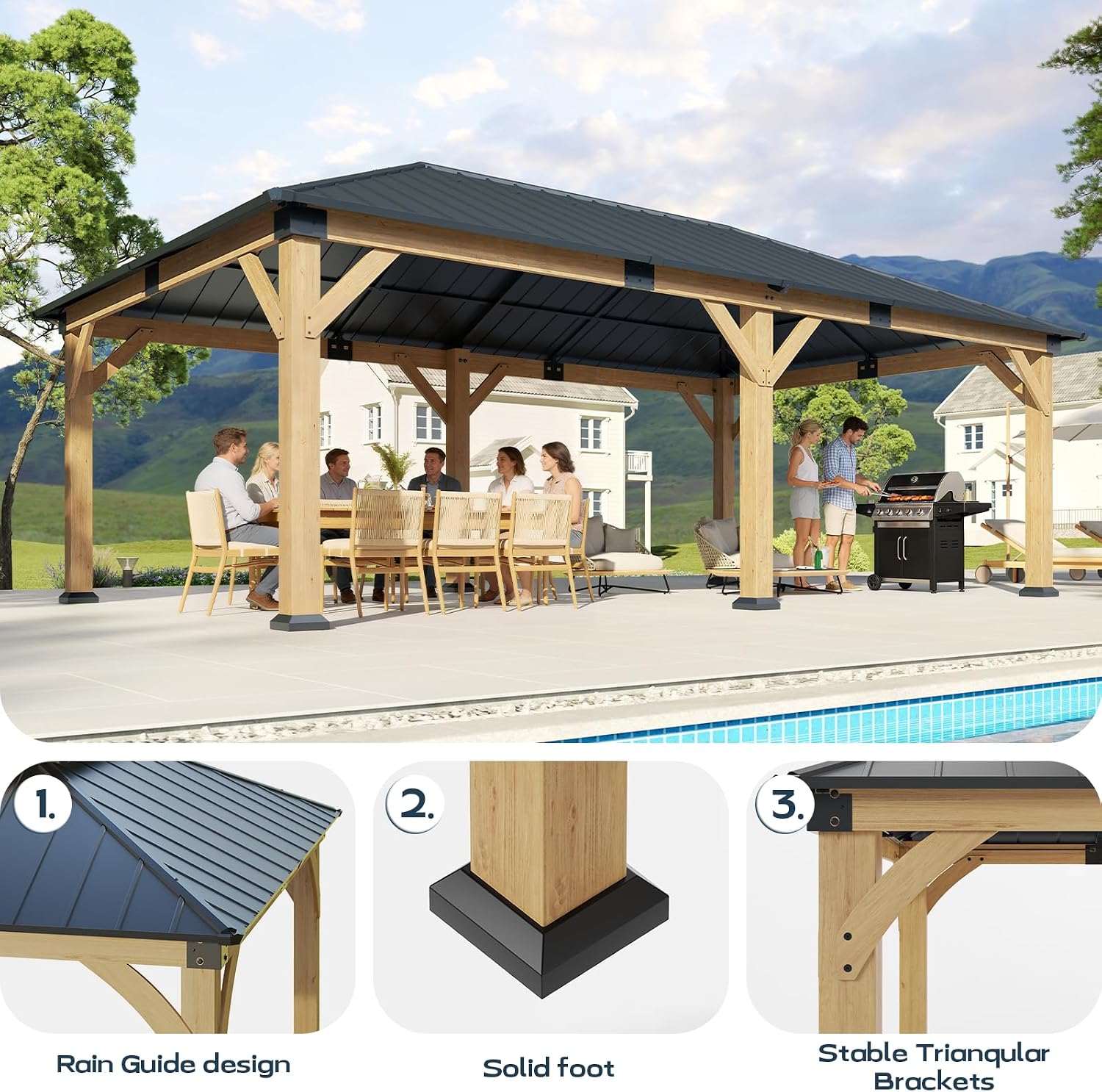 12x20 ft Cedar Wood Gazebo, Hardtop Gazebo with Galvanized Steel Double Roof, Heavy Duty Pavilion for Patio Lawn and Garden