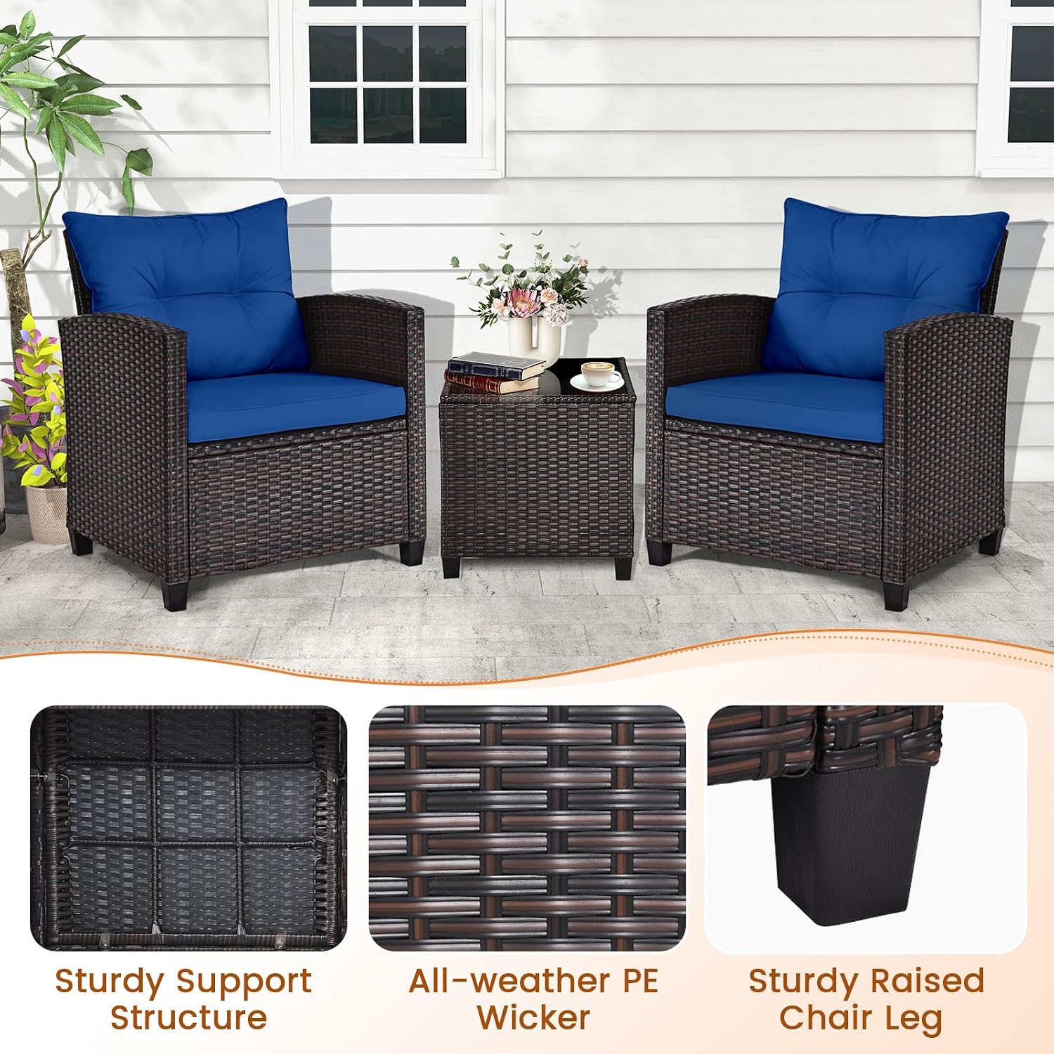 ORALNER 3 Pieces Patio Furniture Set, Outdoor Wicker Conversation Set Rattan Chairs with Cushions, Glass Coffee Table, Bistro Set for Front Porch Balcony Garden Deck Poolside (Navy)