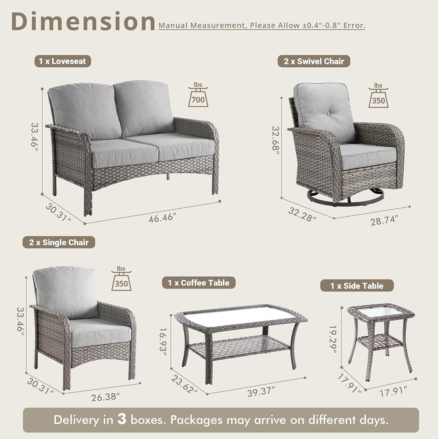 Weaxty 7 Pieces Patio Furniture Set with Swivel Chairs, Wicker Outdoor Furniture High Back Sofa Loveseat Coffee Table Rocking Chair, Rattan Patio Conversation Sets for Deck Backyard Porch, Dark Gray