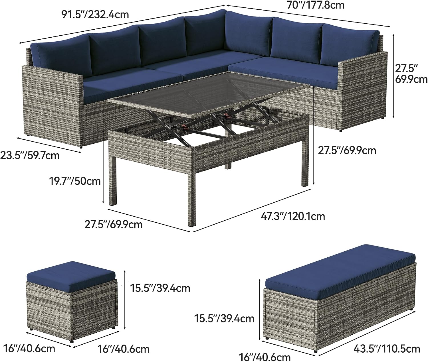 YITAHOME L-Shaped Patio Furniture Set, All Weather Wicker Outdoor Sectional Sofa Conversation Set with Dining Table and Ottoman, Navy Blue