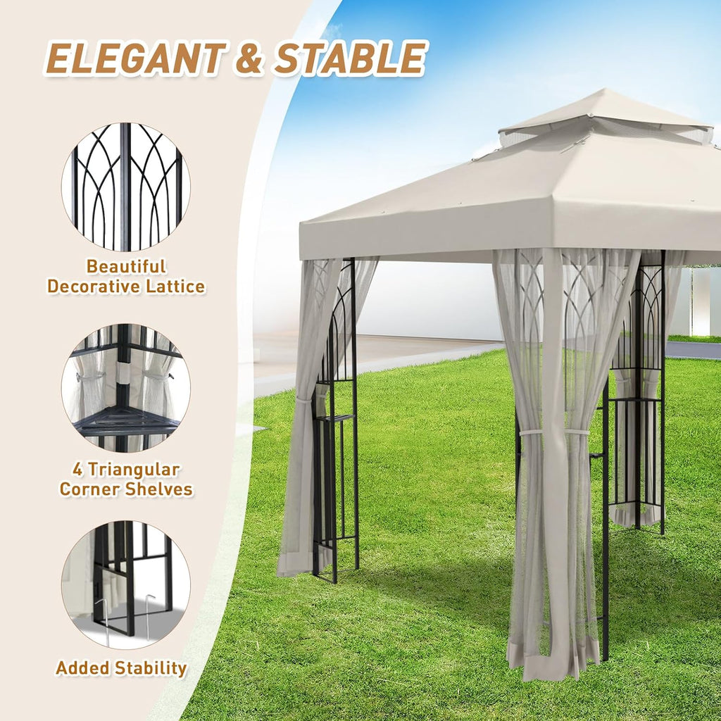 8x8 Outdoor Gazebo Tent with Netting and Corner Shelves, Double Roof Patio Gazebo with Soft Fabric Top, Outdoor Pavilion for Backyard Patio Garden Lawn, Beige
