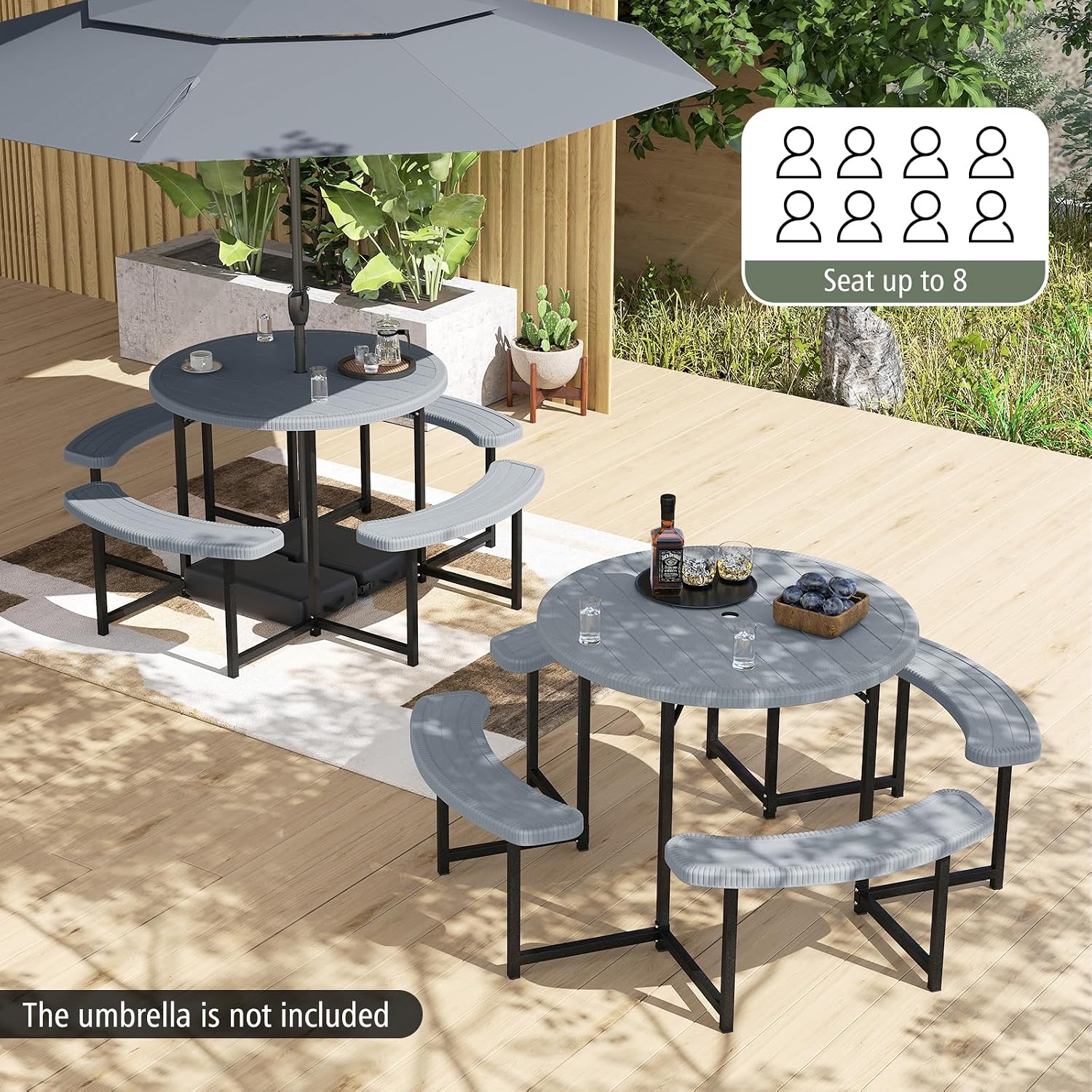 Giantex Picnic Table Bench Set for 4-8 Person, Round 37' Outdoor Dining Table w/Umbrella Hole, HDPE Tabletop, Metal Frame, Patio Furniture Set for Backyard Porch Lawn, 1400lb Capacity (Gray,Round)