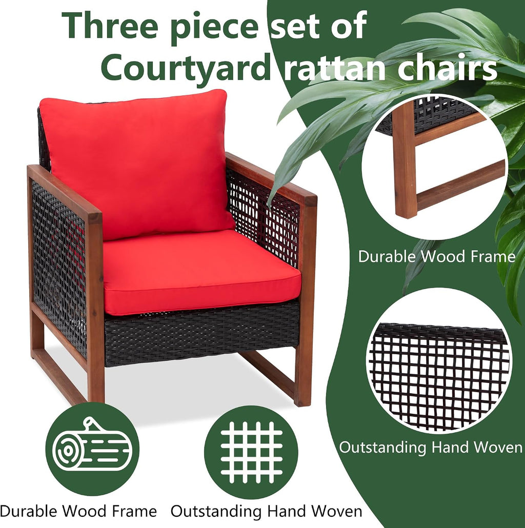 PayLessHere 3 Pieces Patio Set Wicker Patio Furniture Acacia Wood Outdoor Patio Furniture Set Rattan Chair Conversation Sets Bistro Set with Coffee Table and Water Resistant Cushions(Red)