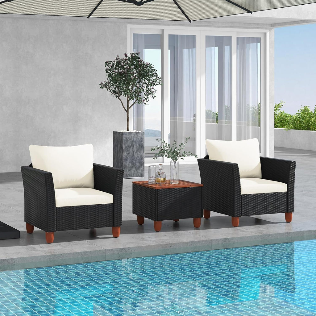 ORALNER 3 Pieces Patio Furniture Set, Outdoor Wicker Conversation Chairs with Cushion, Acacia Coffee Table, Rattan Bistro Set for Balcony Garden Backyard Front Porch Poolside (Off White)