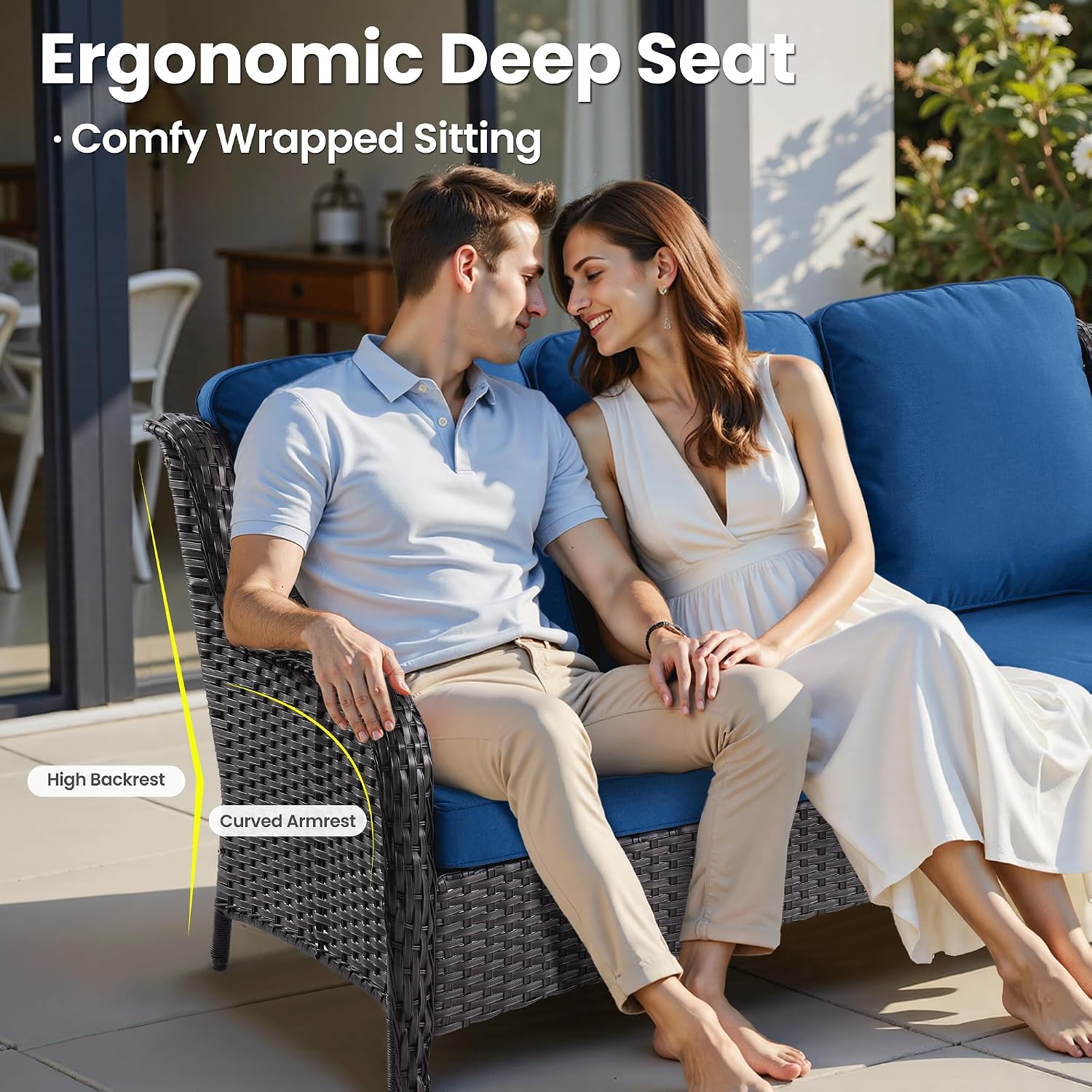 ovios 7 Pieces Patio Furniture Set with Swivel Rocking Chairs, Outdoor Wicker Sofa Couch Glass Coffee Table, All Weather High Back Modern Conversation Set, Brown Rattan, Navy Blue