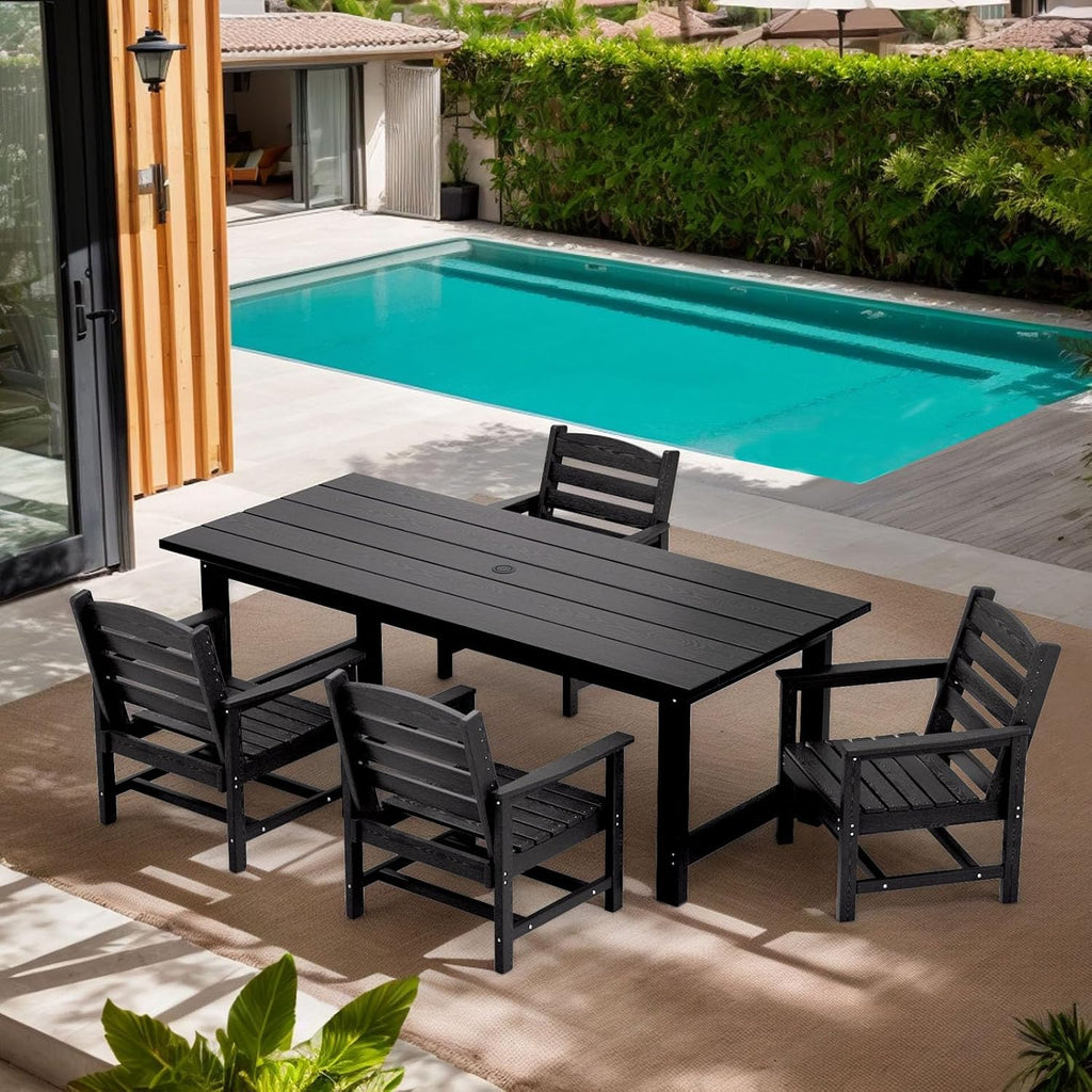 TenKa HDPE Patio Outdoor Furniture Set，Dining Table and Chairs,Outdoor Table with Umbrella Hole, Outdoor Dining Set for Garden, Backyard, Lawn, and Poolside (Black, 2 Chairs)