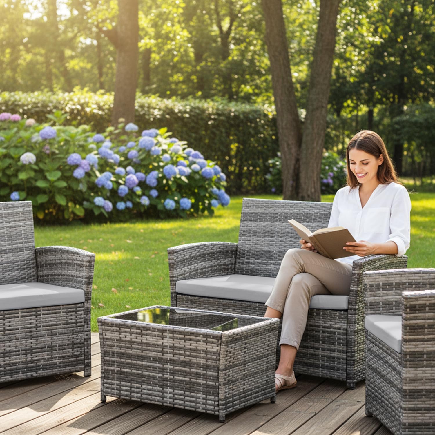 FHFO 4 Piece Outdoor Patio Furniture Sets, Wicker Sectional Conversation Sofa Set, Rattan Table and Chairs and Loveseat with Cushions for Outside Balcony Porch Backyard (Gray-Gray)