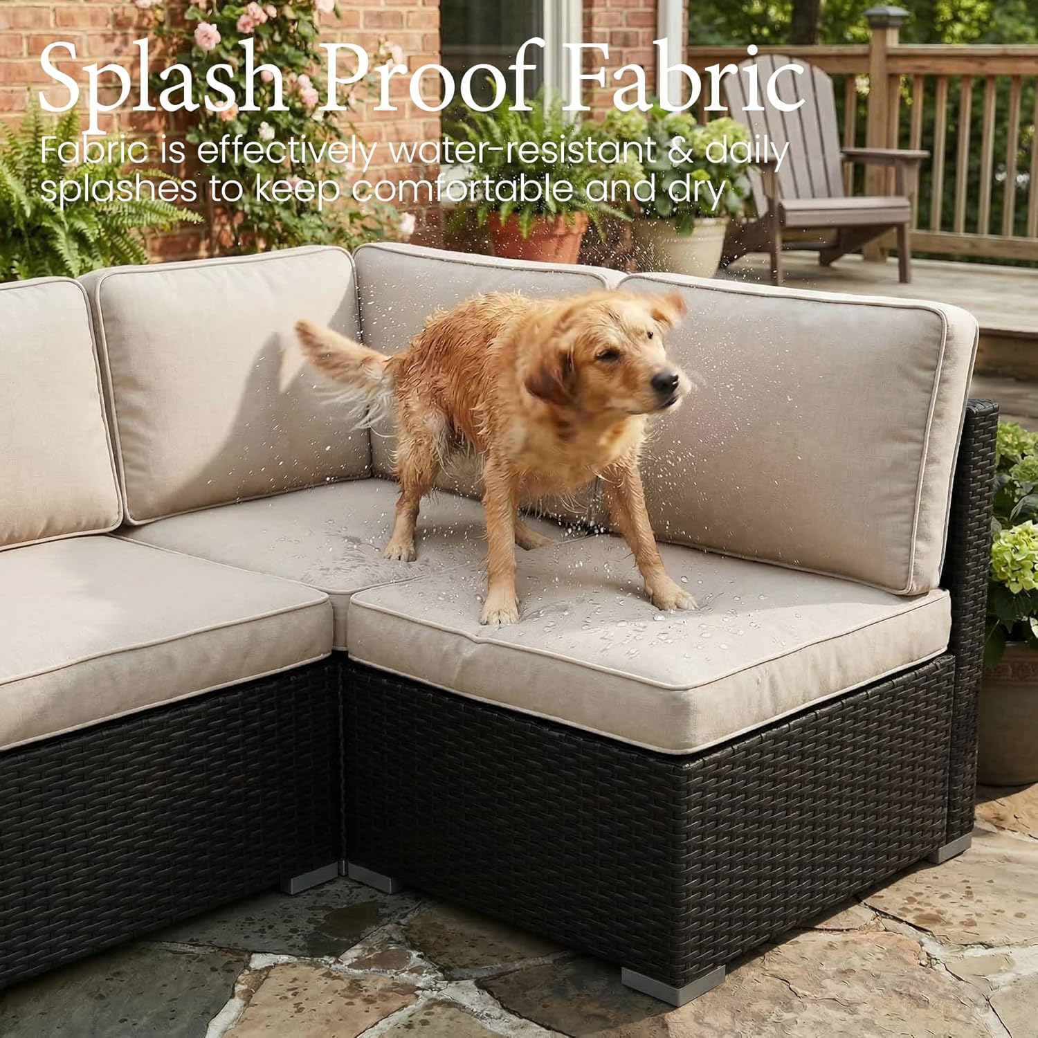 LayinSun 8 Piece Patio Furniture Set with 44' Propane Gas Fire Pit Table, Outdoor Sectional Conversation Set Wicker Rattan Sofa Set with Coffee Table