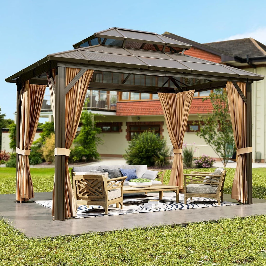 GAOMON 10'x12' Hardtop Gazebo, Outdoor Polycarbonate Double Roof Canopy, Aluminum Frame Permanent Pavilion with Curtains and Netting, Sunshade for Garden, Patio, Lawns