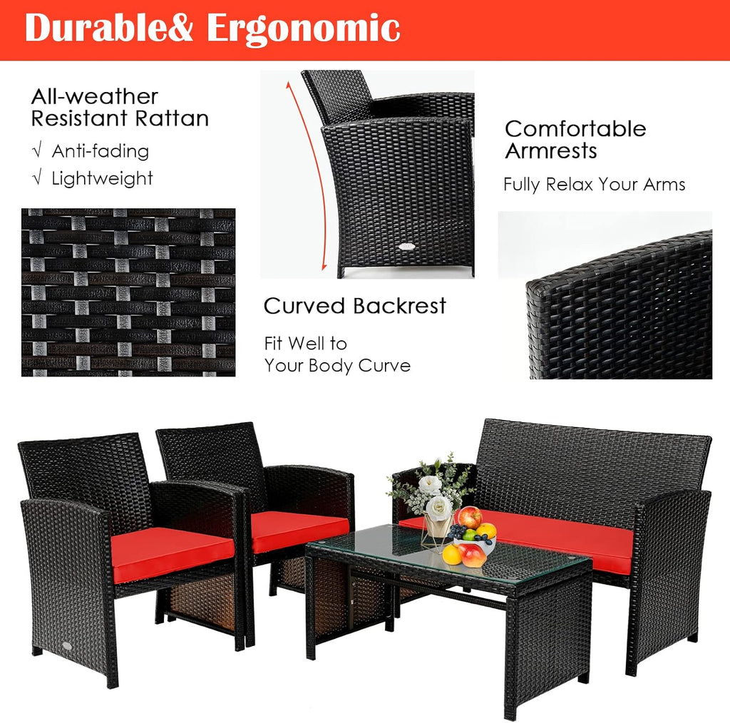 COSTWAY 4 Piece Patio Furniture Set, Outdoor PE Rattan Wicker Sectional Sofa with Cushion and Coffee Table, Patio Conversation Sets for Balcony Lawn Porch Patio Backyard Garden Poolside, Red