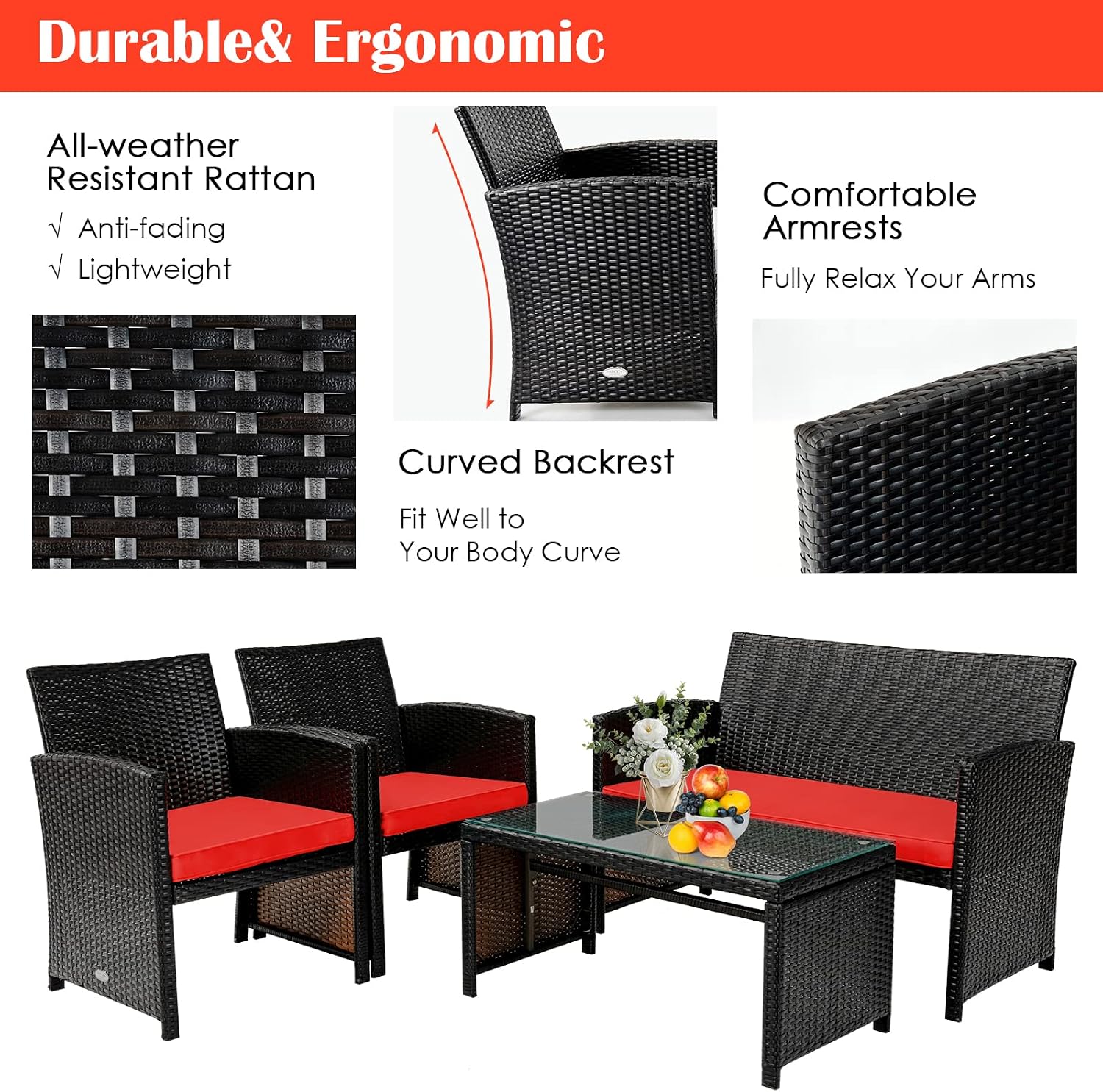 COSTWAY 4 Piece Patio Furniture Set, Outdoor PE Rattan Wicker Sectional Sofa with Cushion and Coffee Table, Patio Conversation Sets for Balcony Lawn Porch Patio Backyard Garden Poolside, Red