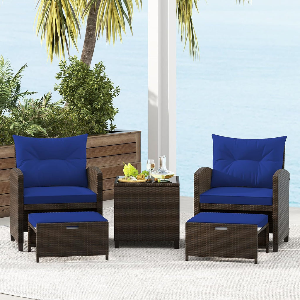 KOTEK 5 Pieces Patio Furniture Set with Ottomans, Wicker Patio Conversation Set with Coffee Table & Cushions, PE Rattan Outdoor Lounge Chairs for Backyard, Porch, Poolside (Mix Brown- Navy)