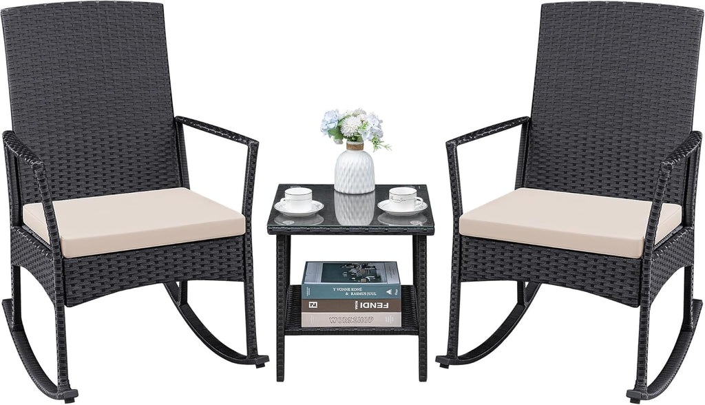 Greesum 3 Pieces Patio Furniture Set Outdoor Wicker Rocking Chairs with Glass Coffee Table for Garden Backyard Porch Poolside, Beige