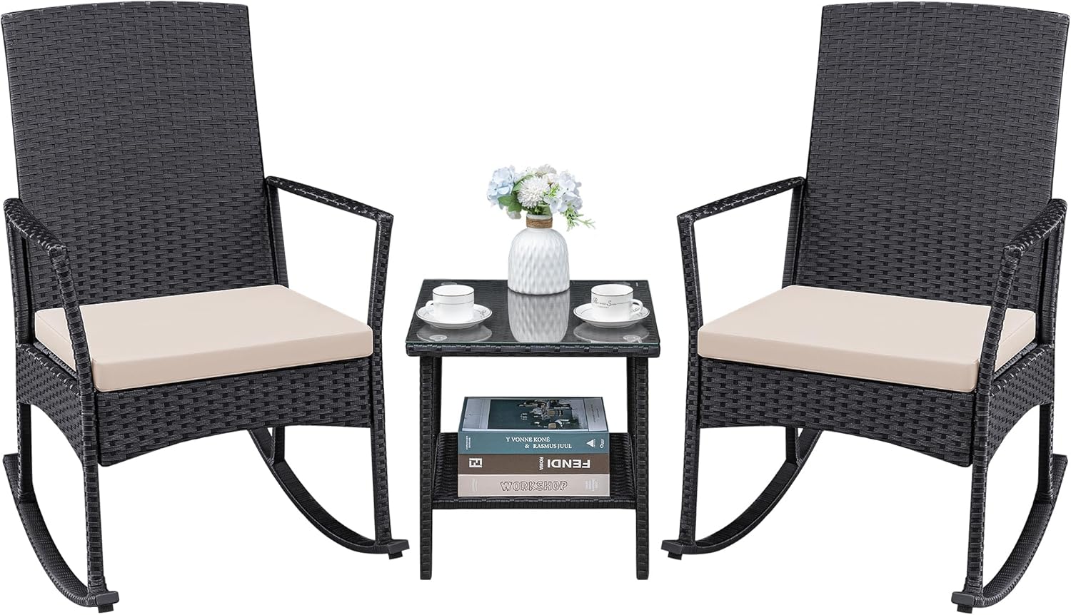 Greesum 3 Pieces Patio Furniture Set Outdoor Wicker Rocking Chairs with Glass Coffee Table for Garden Backyard Porch Poolside, Beige
