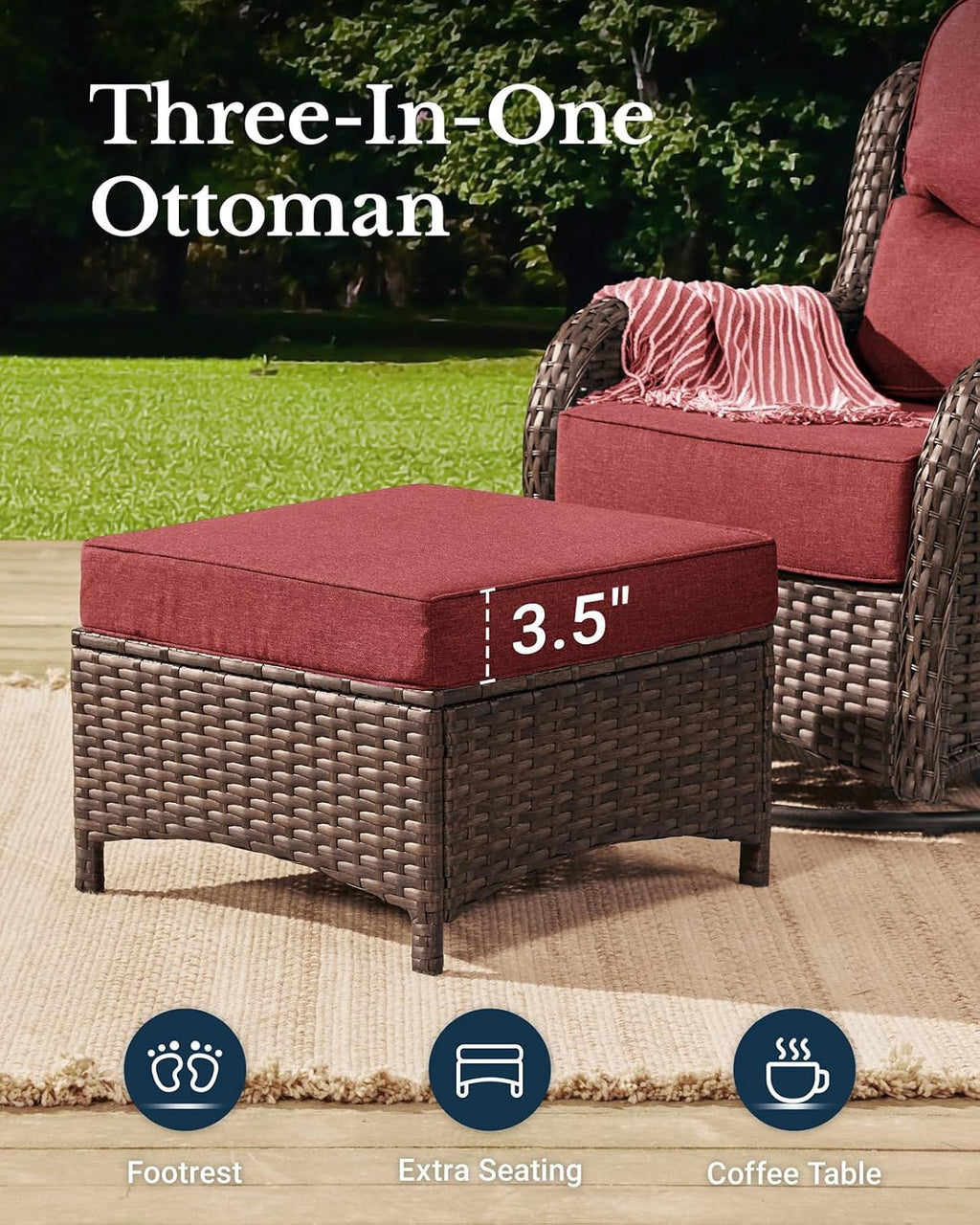 HILLGA Luxury Outdoor Swivel Rocker Patio Chairs of 2 with 6 Inch Thick Cushions and Side Table, Swivel Outdoor Chairs 3PCS High Back Wicker Patio Furniture Set for Porch, Balcony, Deck in Burgundy