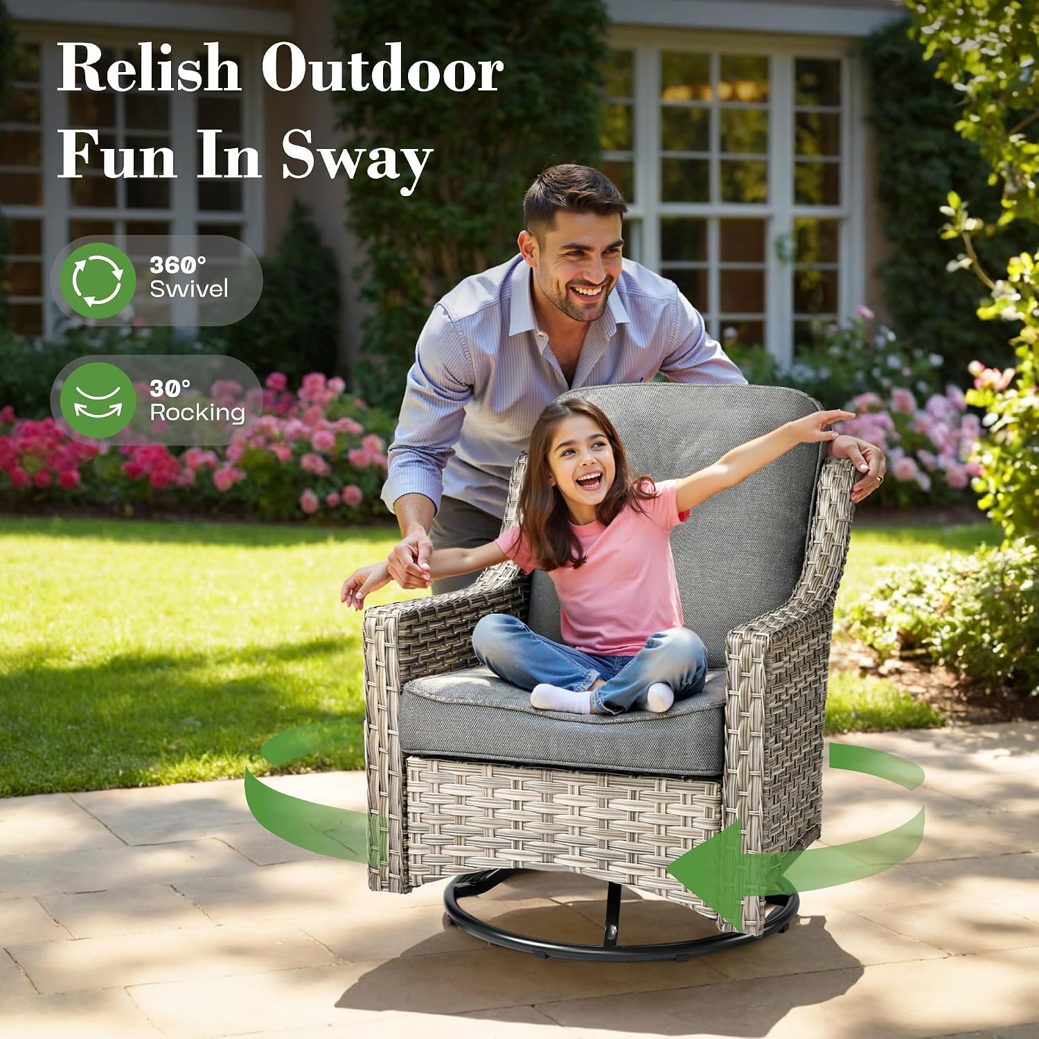 ovios Outdoor 5 Piece Patio Furniture with Fire Pit Table,Wicker Coversation Set with Swivel Rocking Chair,Comfy Sectional Deep Sofa for Outside Porch Balcony Backyard Pool,Dark Grey