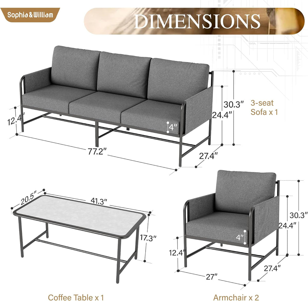 Sophia & William Patio Furniture Set, 4-Piece Metal Outdoor Patio Conversation Set with Coffee Table, Outdoor Furniture with Thick Cushion and Large Seat for Deck Backyard Garden Porch Pool
