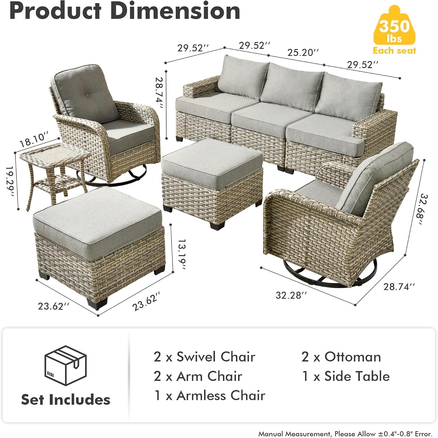 HOOOWOOO Outdoor Sectional Patio Furniture Set,8 Pieces Wicker Conversation Sets,Extra Deep Out Door Sofa Outside Furniture Couch with Swivel Chairs Ottoman,Charcoal Gray