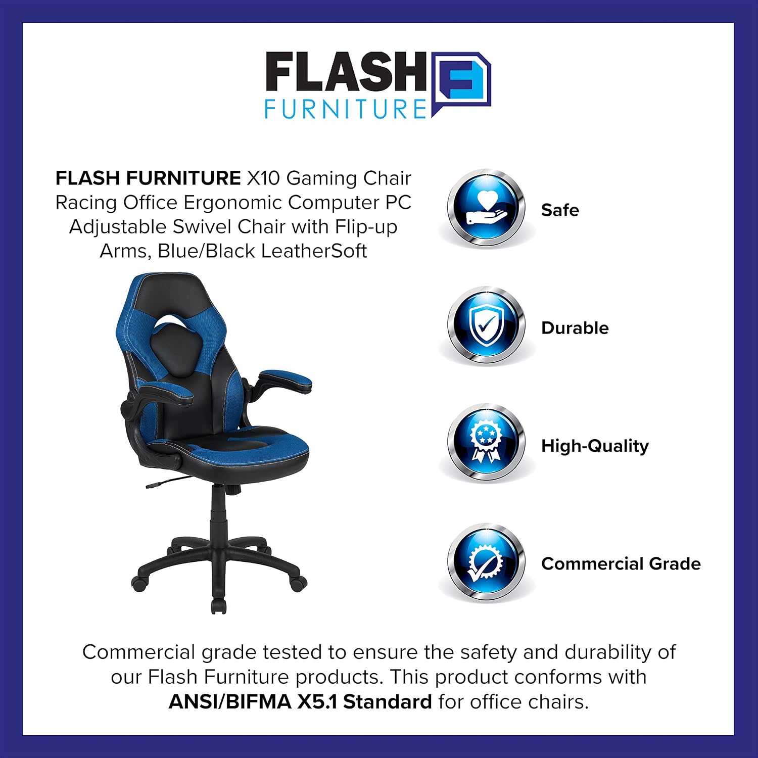 Flash Furniture X10 High-Back LeatherSoft Racing Style Gaming Chair with Flip-Up Arms, Ergonomic Padded Swivel Computer Chair, Blue/Black