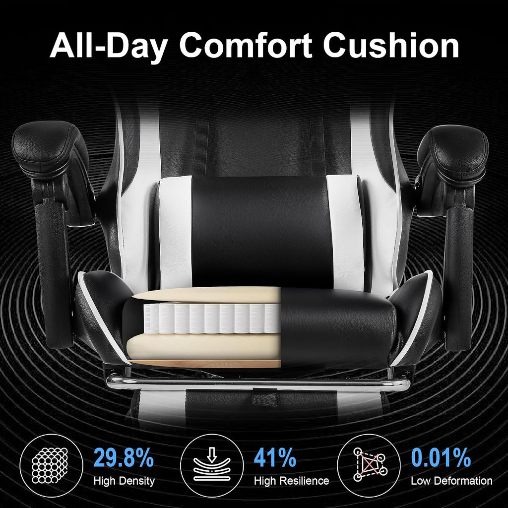VECELO Ergonomic Gaming Chair with Footrest, Comfy Recliner Computer Chair, Swivel Seat, Height Adjustable, High Back PU Leather, Lumbar Support, Headrest for Adults, Jet Black