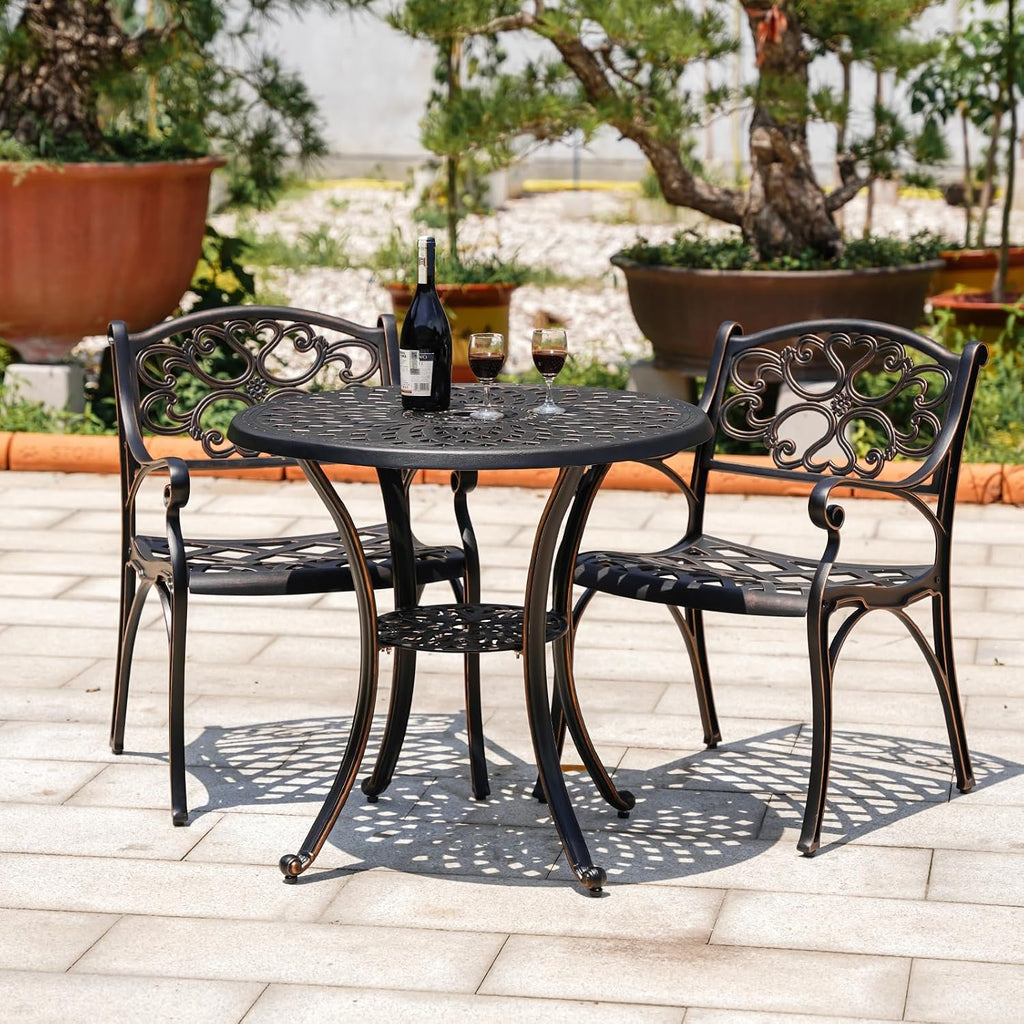 Cast Aluminum Patio Dining Set, Outdoor Bistro Set, 31.5' Round Outdoor Dining Table with Umbrella Hole, 2 Bistro Chairs for Yard Porch Garden Balcony