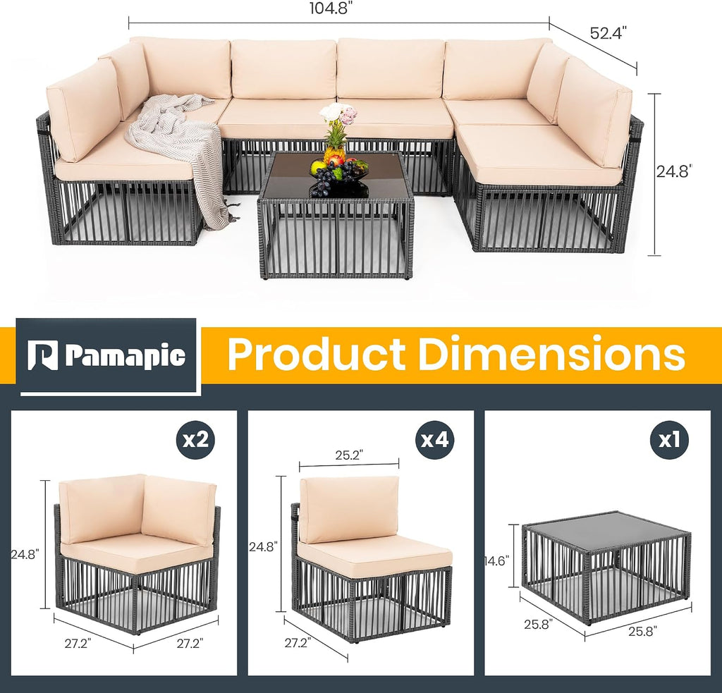 Pamapic 7-Piece Outdoor Sectional Set, Large Wicker Patio Furniture Set with Coffee Table and Washable Cushions Covers, All-Weather Patio Sofa Conversation Set for Backyard, Poolside, Garden
