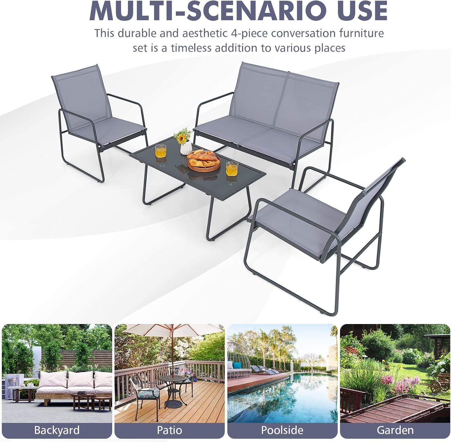 Tangkula 4 Pieces Patio Furniture Set, Outdoor Conversation Set with Tempered Glass Coffee Table, Metal Frame, Breathable Fabric, Indoor & Outdoor Chat Set of 4, for Patio, Poolside, Garden (Gray)