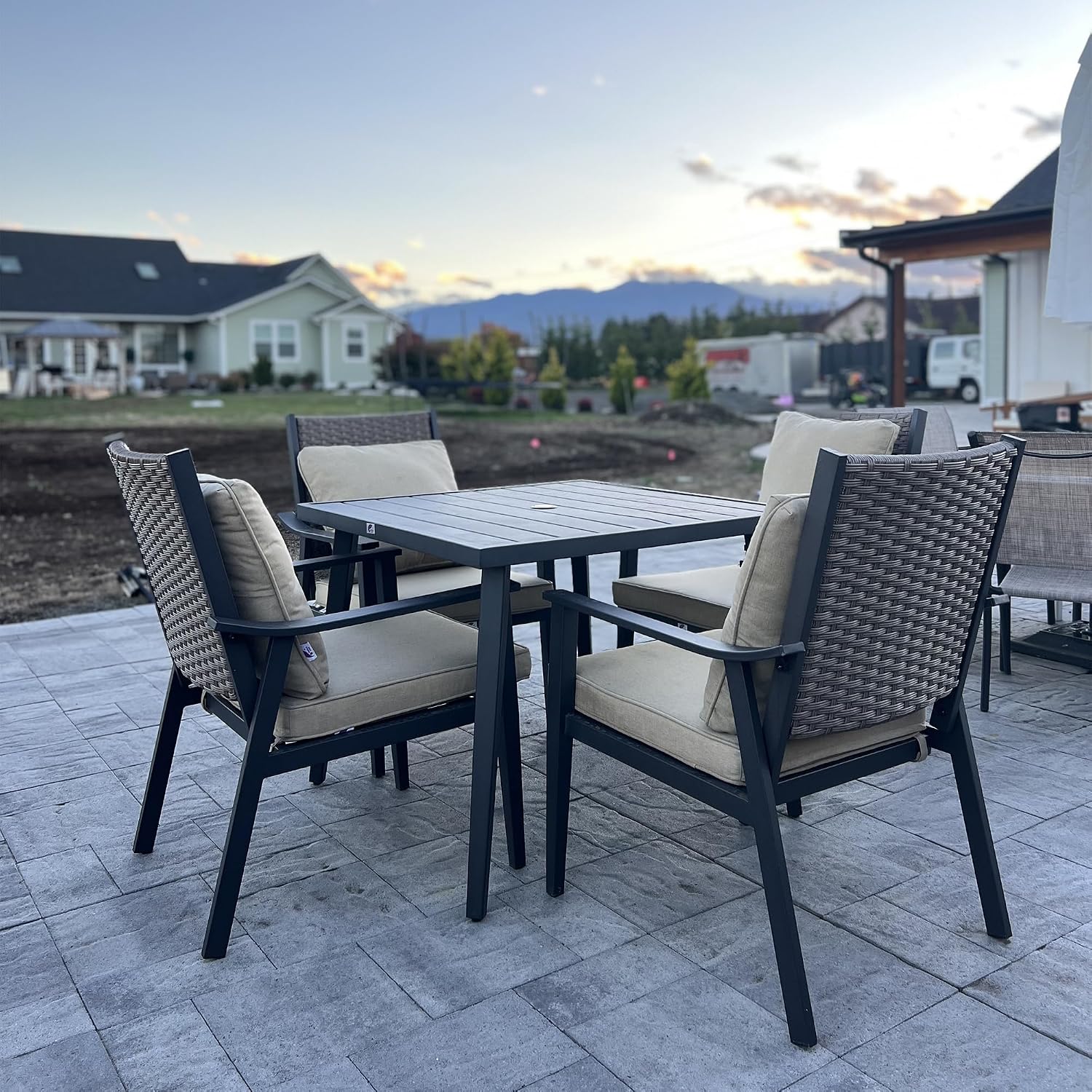 PURPLE LEAF 5 Pieces Outdoor Dining Set with 1.57' Umbrella Hole and Thick Cushion Heavy-Duty Metal Patio Dining Furniture Set with Square Table and 4 Wicker Chairs for Lawn Garden Backyard Deck