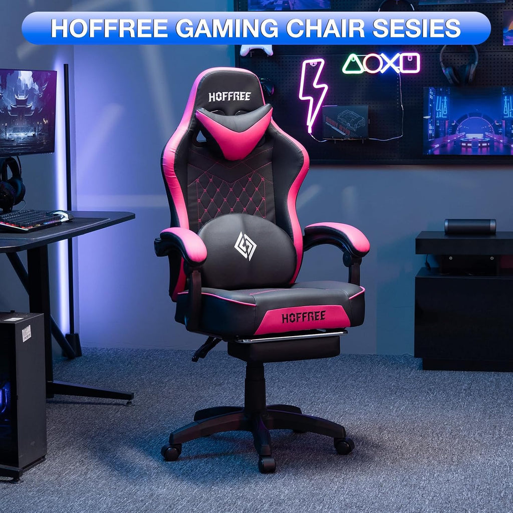 HOFFREE Gaming Chair Computer Chair with Speakers Massage Game Chairs with Footrest Bluetooth High Back Ergonomic Computer Gaming Chairs for Adults Reclining Video Gamer Chair Pink and Black