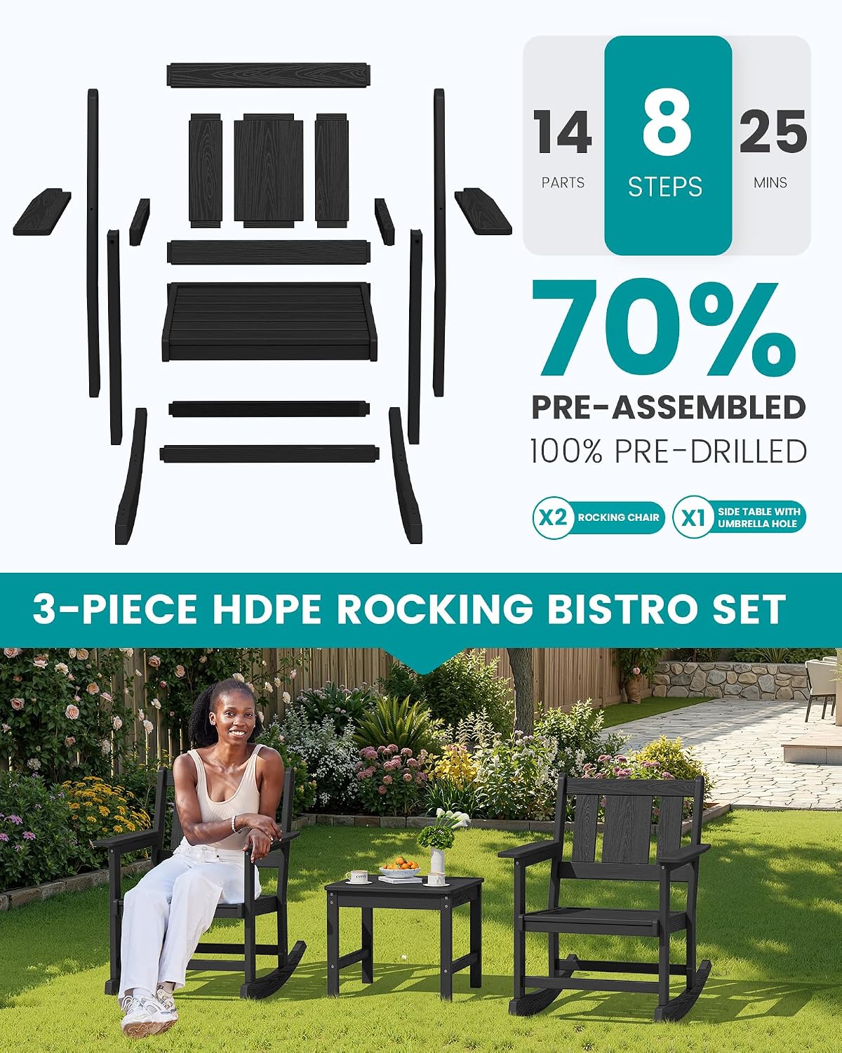 SERWALL Outdoor Rocking Chair Set of 2 with Side Table, All-Weather HDPE 3 Piece Patio Furniture Set, Outdoor Bistro Set with Pre-Drilled Umbrella Hole for Porch Deck Lawn Balcony, Black