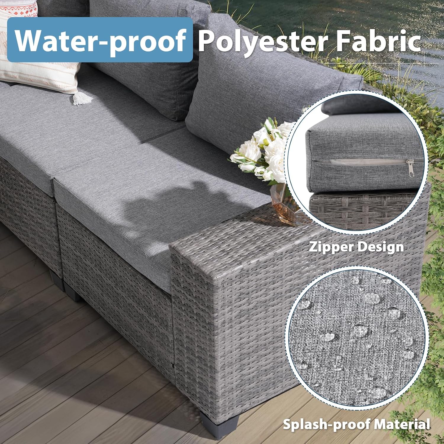 JOIVI 6 Pieces Outdoor Patio Furniture Set, Rattan Patio Conversation Set with Coffee Table, L-Shaped Wicker Outdoor Sectional Sofa Set with Wide Armrest and Cushions for Garden, Deck, Porch, Gray
