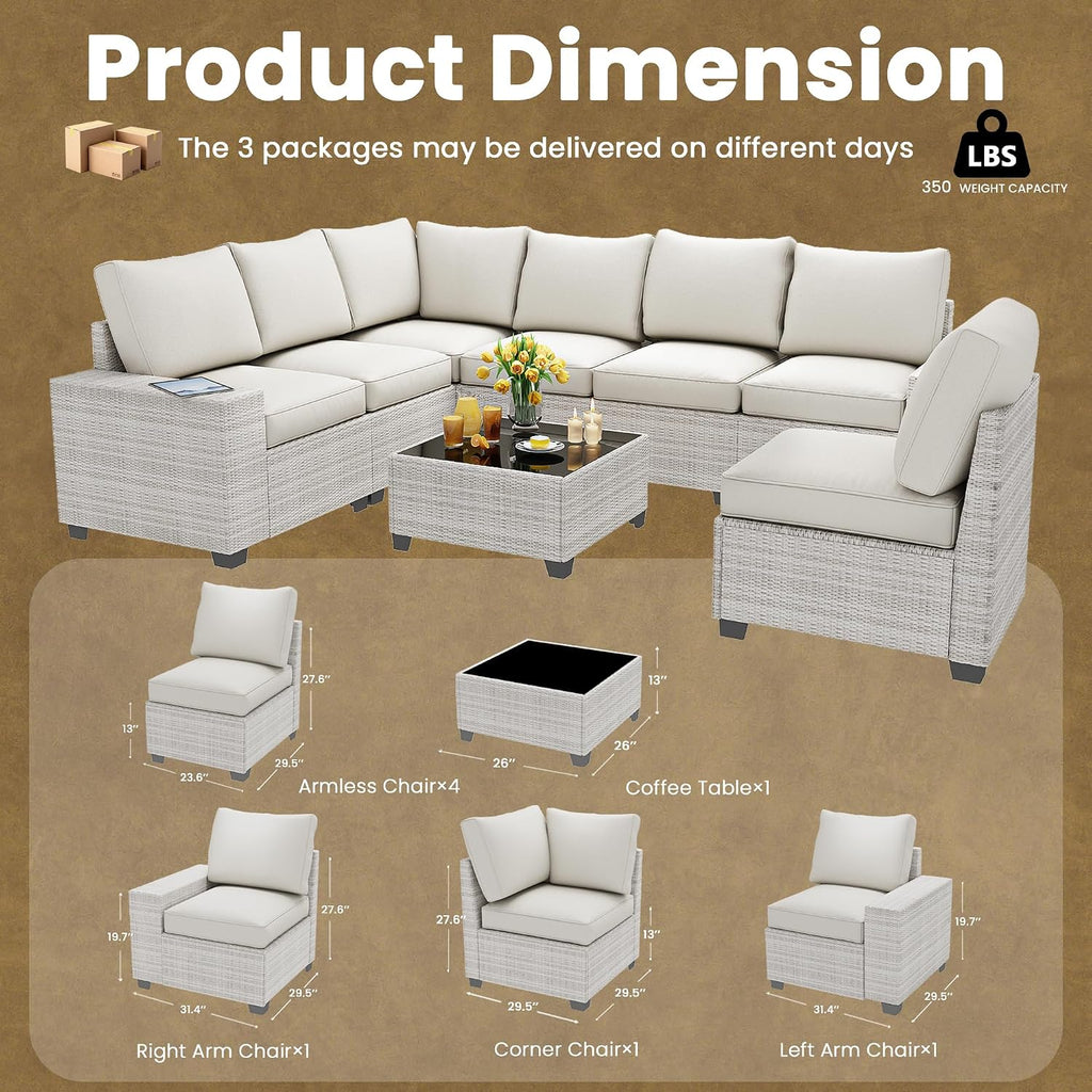 olimix 8 Piece Outdoor Patio Furniture Set, Outdoor Sectional Furniture, Rattan & Wicker Modern Modular Conversation Set Sofa Couch W/Water Resistant Washable Thick Cushions and Coffee Table, Beige