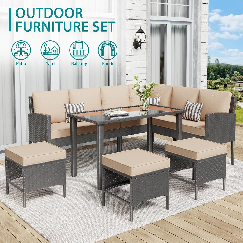 7-Piece Patio Furniture Set with Cushions and Pillows, Outdoor Wicker Sectional Sofa with Long Glass Coffee Table, All-Weather Conversation Set for Garden, Porch, Lawn, Khaki
