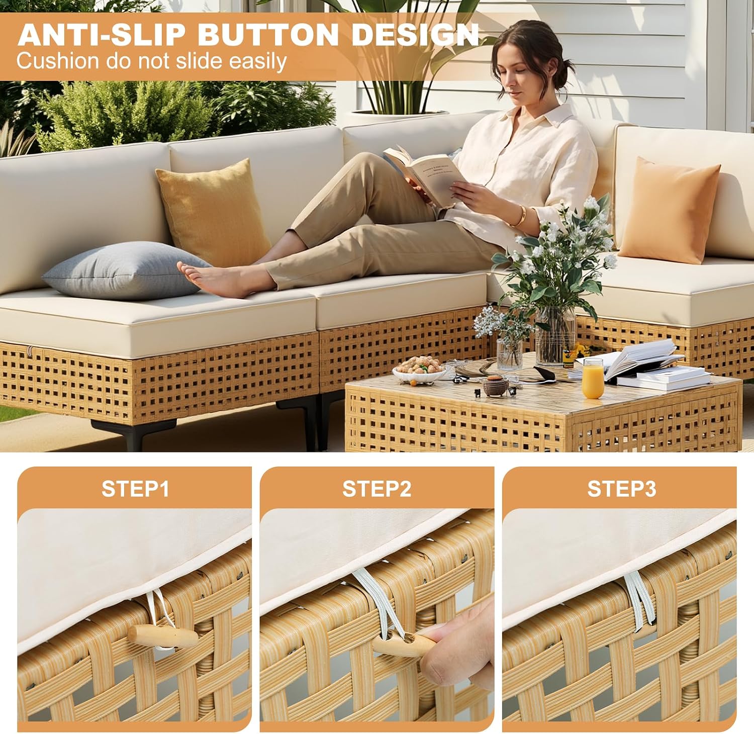 ABCASA Patio Furniture Set, 5-Piece Wicker Outdoor Patio Furniture Sets with Anti-Slip Cushions & Coffee Table,Boho Patio Conversation Set Sectional Sofa for Backyard,Porch,Beige