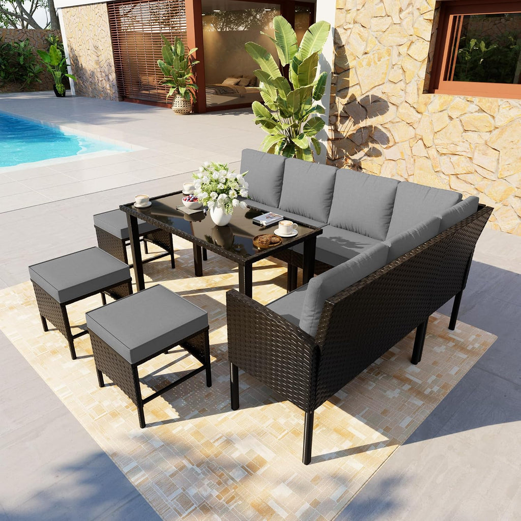 7-Piece Patio Furniture Set, Outdoor Conversation Set with Dining Table & Ottomans, PE Rattan Sofa Set with Throw Pillows and Cushions for Deck Yard Poolside, Gray