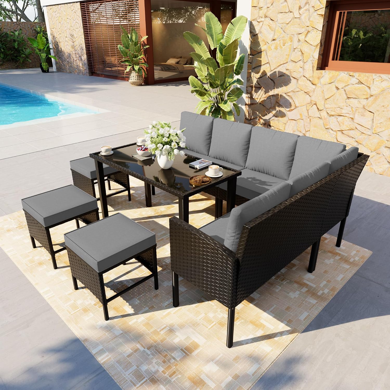 7-Piece Patio Furniture Set, Outdoor Conversation Set with Dining Table & Ottomans, PE Rattan Sofa Set with Throw Pillows and Cushions for Deck Yard Poolside, Gray