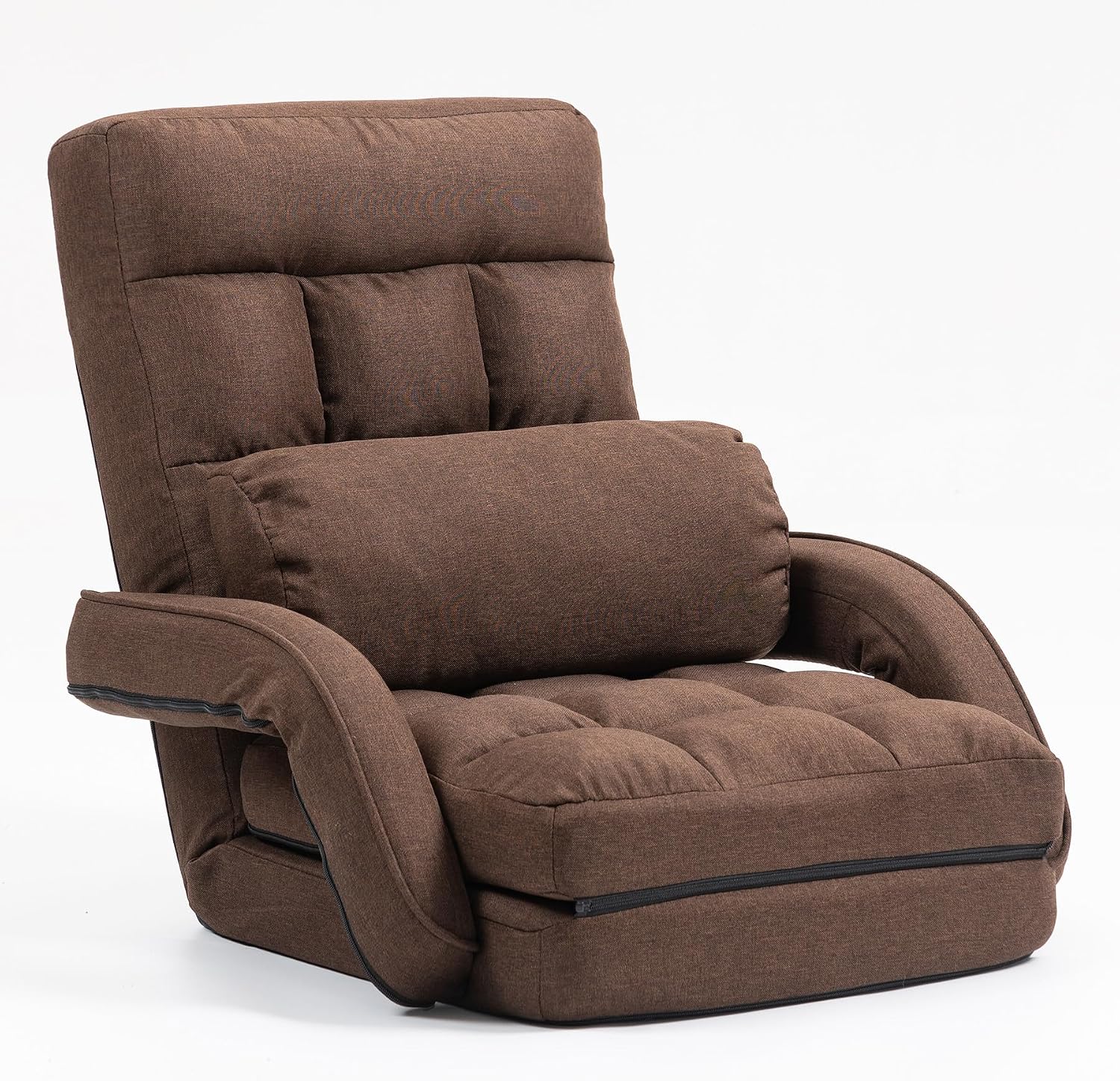Indoor Floor Chair with Armrest and Pillow Folding Chaise Lounge Sofa 14-Position Adjustable Comfy Gaming Recliner Chair Padded Seats for Adults (Brown)