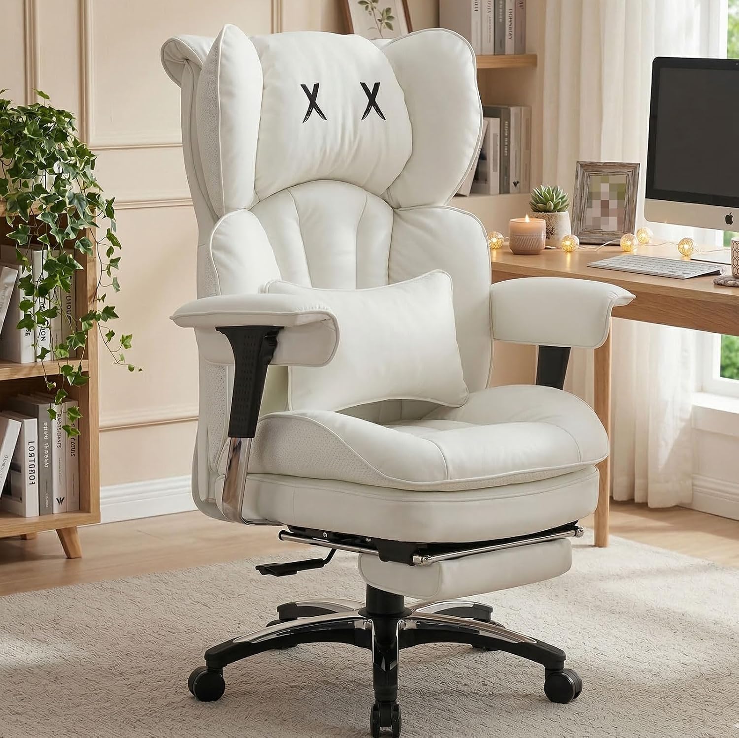 Efomao White Executive Office Chair with Footrest, Big and Tall 400lbs Extra Wide High Back Chair, Plush Pocket Spring Cushion for Home Office, Reclining Desk Chair with Large Padded Armrests