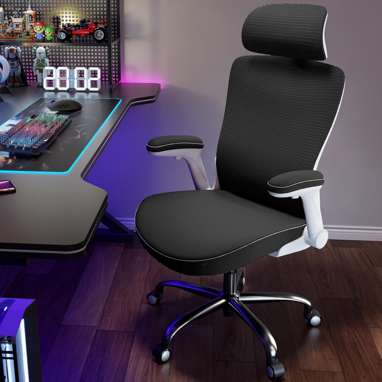 Ergalithic Office Home Ergonomic Desk Chair-Computer X-Shaped Chair Mesh PU Leather with Adjustable Lumbar Support-Executive Chair High Back with Headrest Flip-Up Arms for Long Hours (Light Black)