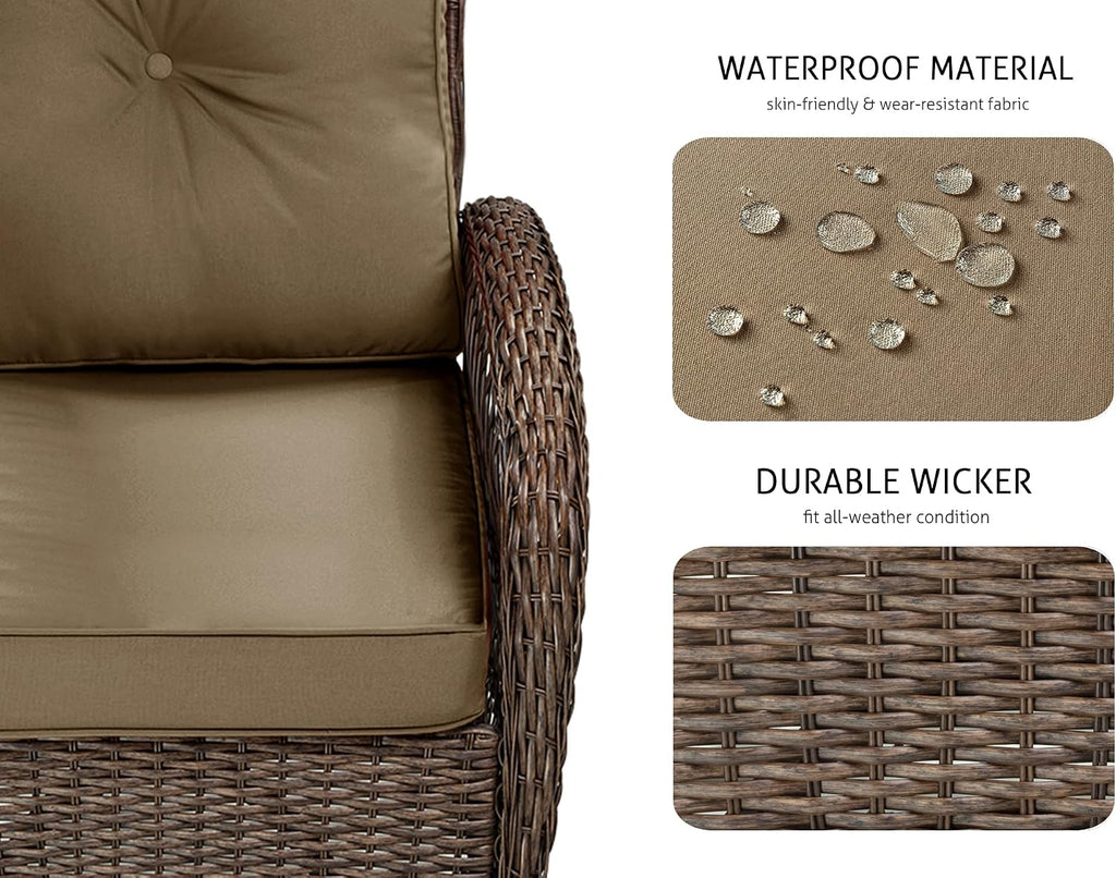 SHA CERLIN 3 Pieces Patio Furniture Set, Outdoor Swivel Glider Rocker, Wicker Patio Bistro Set with Rocking Chair, Cushions and Table (Khaki)