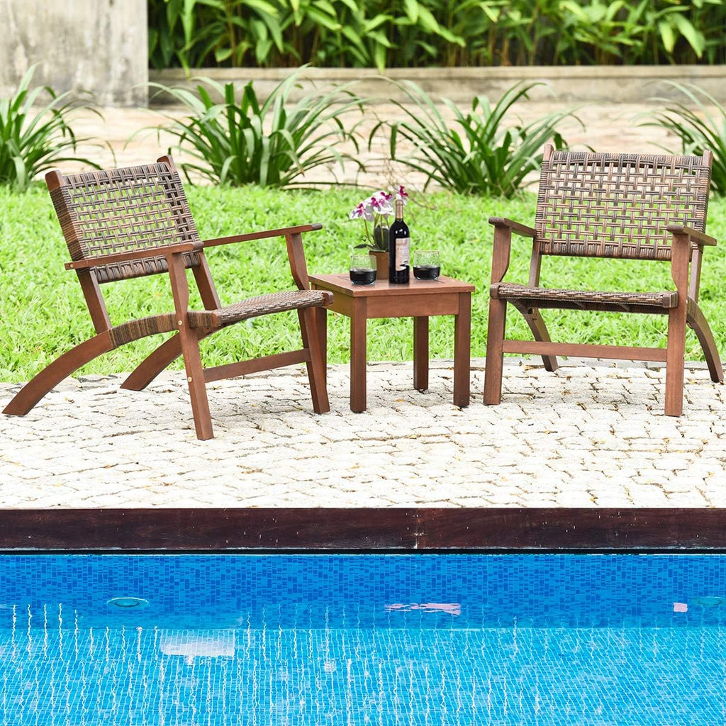 Tangkula 3 Pieces Patio Conversation Set, Solid Eucalyptus Wood Frame Outdoor Wicker Furniture Set Bistro Set with Coffee Table, Rattan Furniture Set for Backyard Porch Garden Poolside Balcony (Brown)