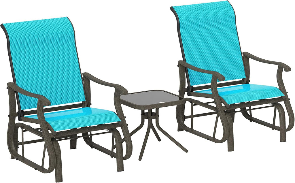 Outsunny 3-Piece Outdoor Gliders Set, Bistro Table and Chairs with Steel Frame, Tempered Glass Top Table for Patio, Garden, Backyard, Lawn, Bright Blue