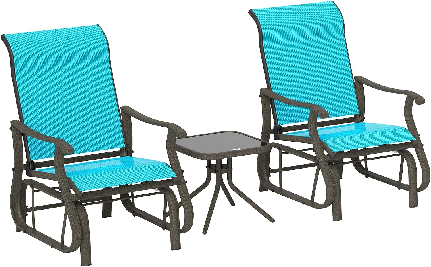 Outsunny 3-Piece Outdoor Gliders Set, Bistro Table and Chairs with Steel Frame, Tempered Glass Top Table for Patio, Garden, Backyard, Lawn, Bright Blue