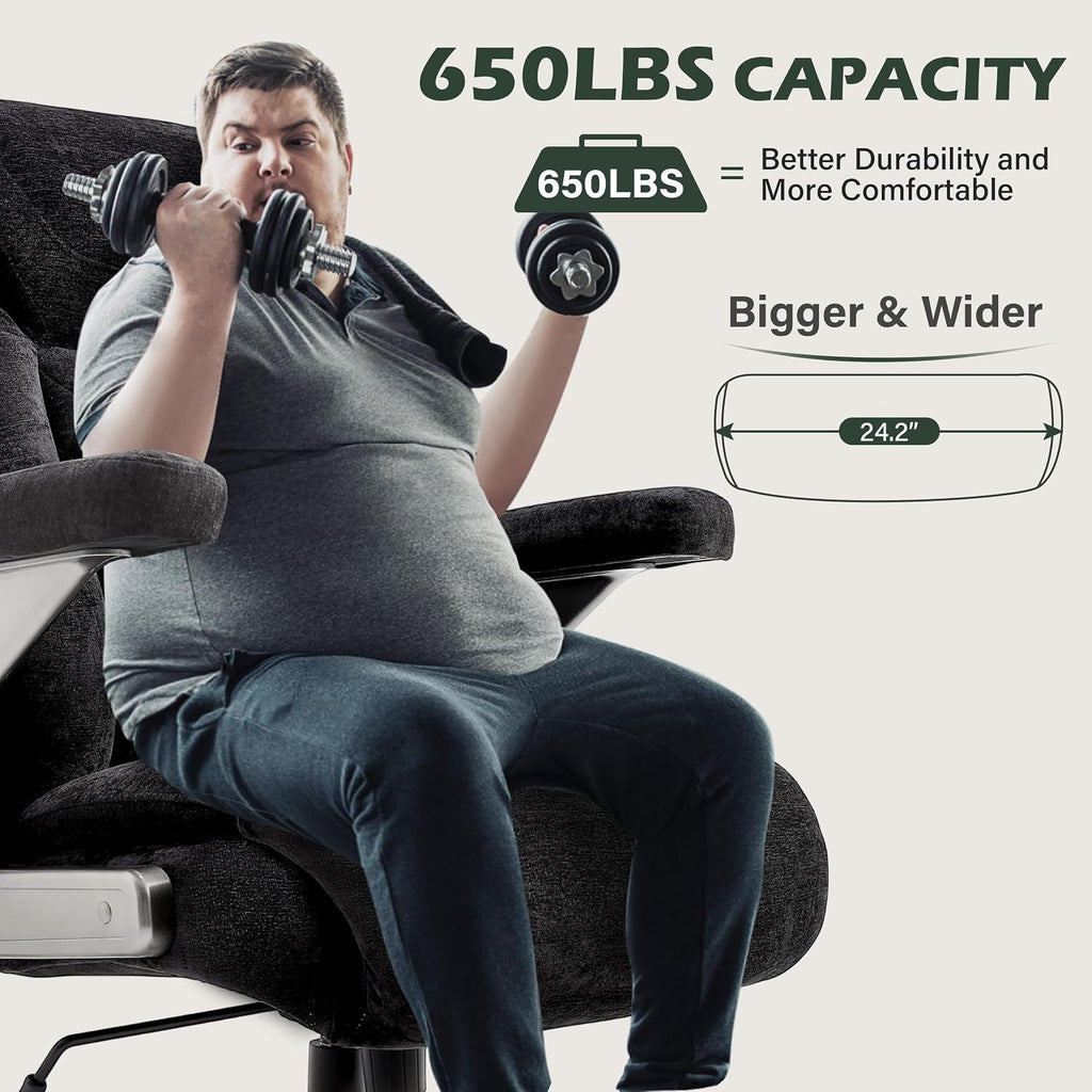 650lbs Big and Tall Office Chair with Thick Spring Cushion,5D Flip Arm Ergonomic Executive Office Chair Adjustable Lumbar Airbag&Extra Wide,Comfy Large Padded Heavy Duty Game Chair,Blackcloth