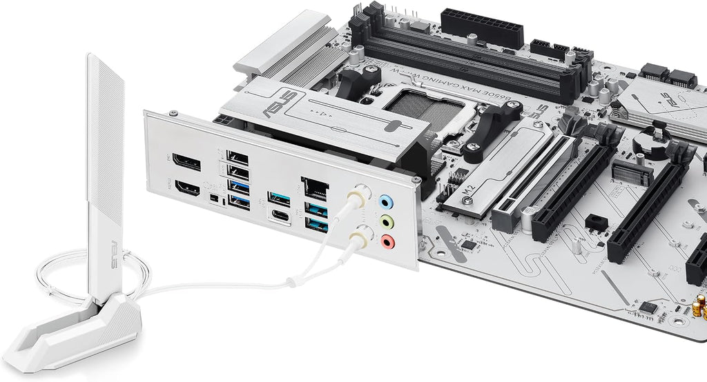 ASUS B650E MAX Gaming WiFi W – AMD B650 AM5 ATX Motherboard, White PCB, DDR5, PCIe 5.0, 3X M.2, Wi-Fi 6E, 2.5Gb LAN, USB 10Gbps Type-C, DisplayPort, HDMI™, BIOS Flashback™, Aura Sync, Advanced AI PC