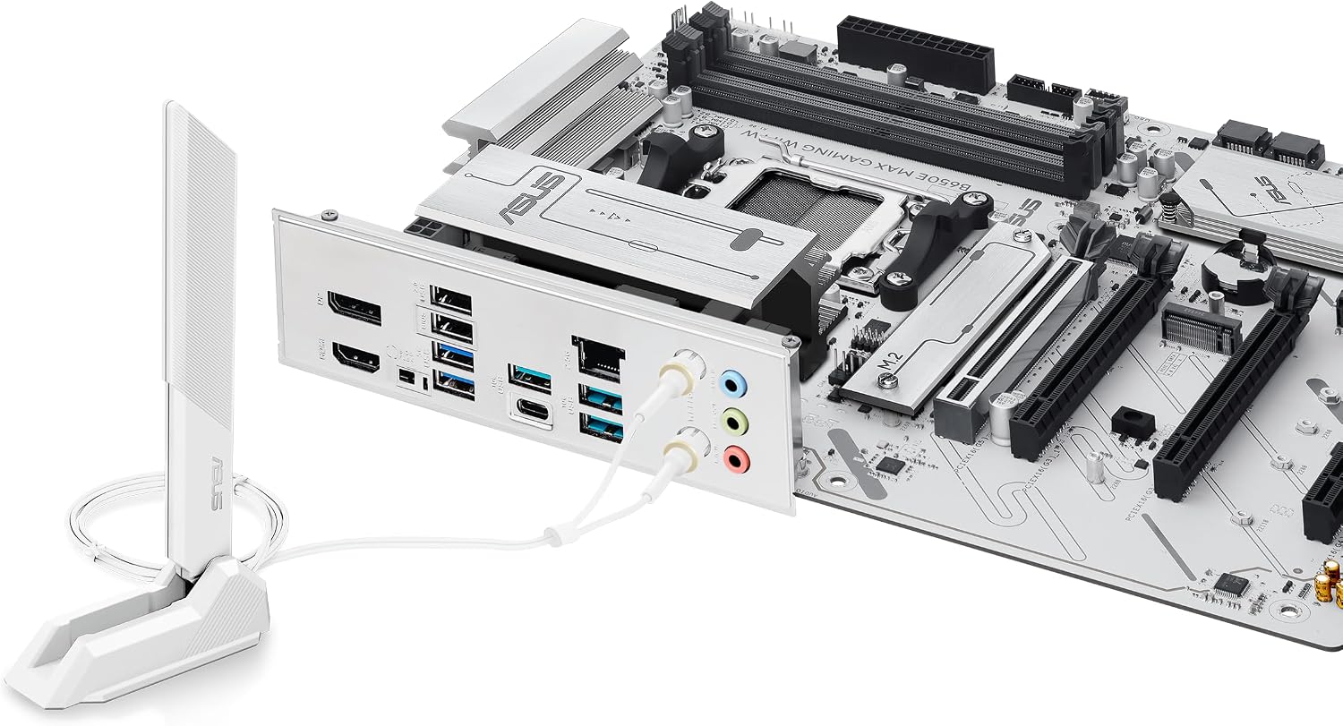 ASUS B650E MAX Gaming WiFi W – AMD B650 AM5 ATX Motherboard, White PCB, DDR5, PCIe 5.0, 3X M.2, Wi-Fi 6E, 2.5Gb LAN, USB 10Gbps Type-C, DisplayPort, HDMI™, BIOS Flashback™, Aura Sync, Advanced AI PC