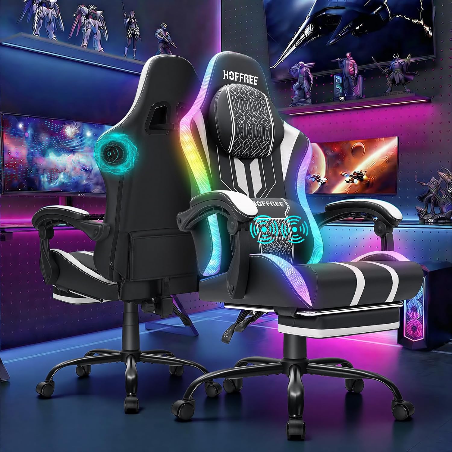 HOFFREE LED Gaming Chair with Bluetooth Speakers Massage Gaming Chair with RGB Lights Big and Tall Game Chairs for 400lbs Heavy People High Back Computer Desk Chair with Footrest White and Black