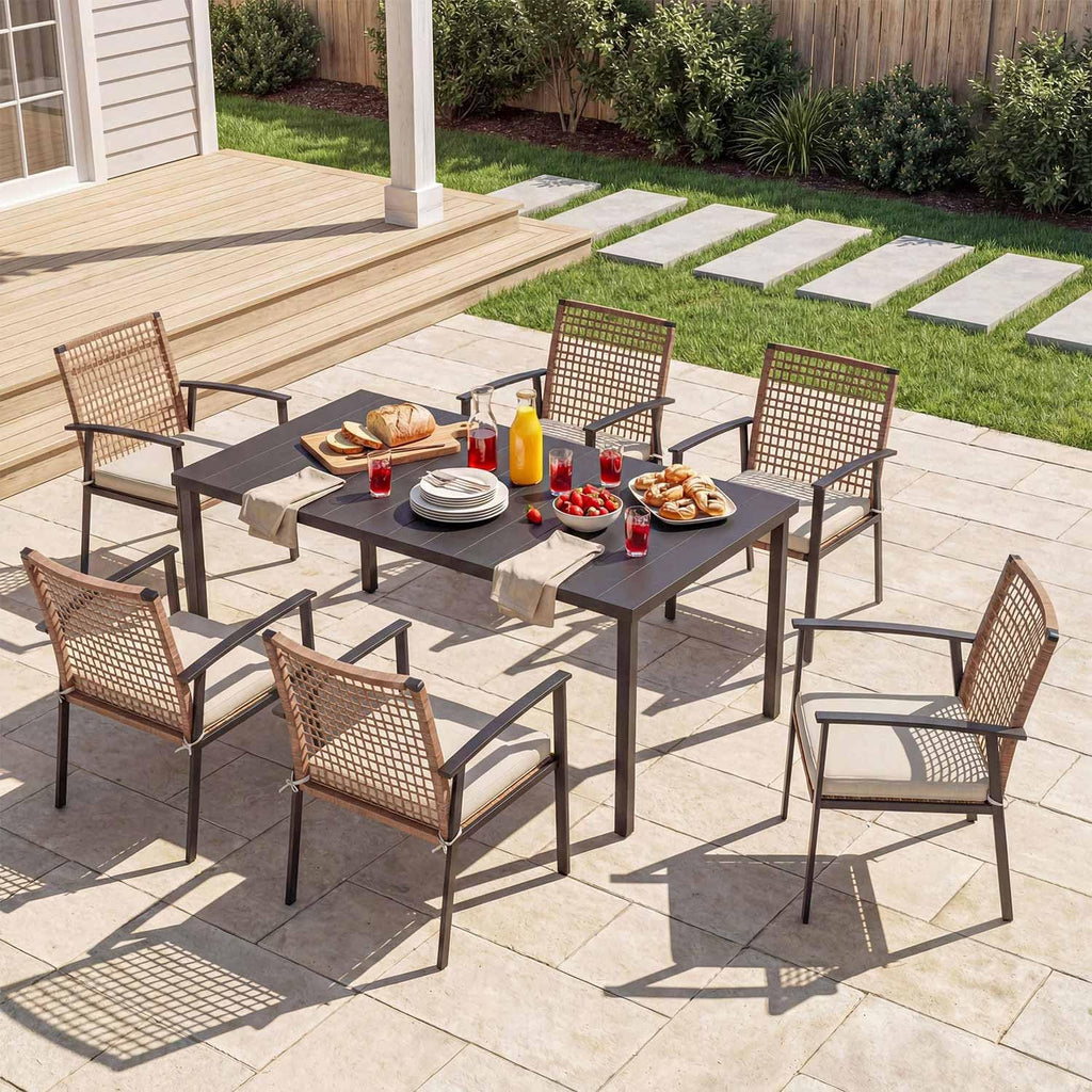 LAUSAINT HOME 7 Pieces Patio Dining Set, Outdoor Furniture Set of 6 Chairs with Soft Cushion and Iron Slats Table Top with Umbrella Hole, Conversation Set for Backyard, Garden and Poolside