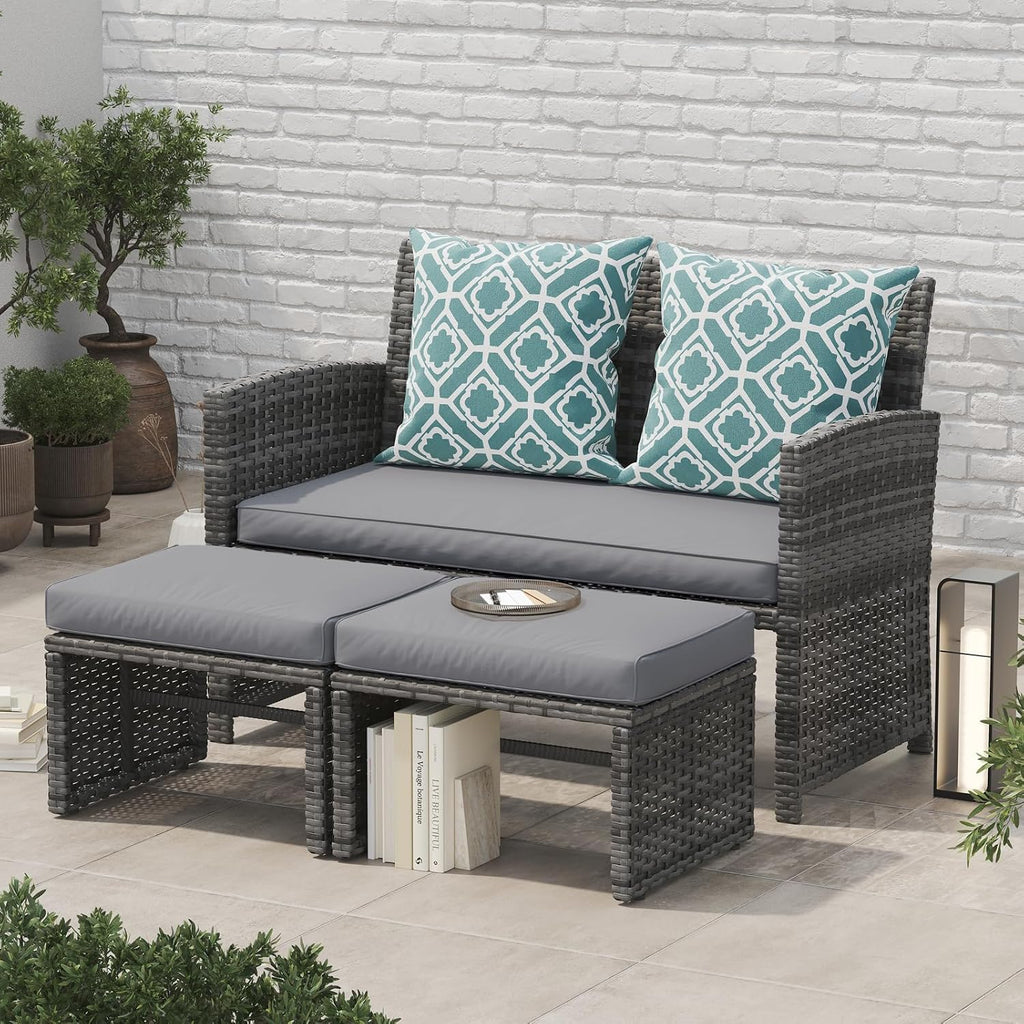 OC Orange-Casual Patio Furniture Set,3 Pieces Outdoor Wicker Conversation Loveseat with Ottomans for Porch, Gray Rattan Light Gray Cushions